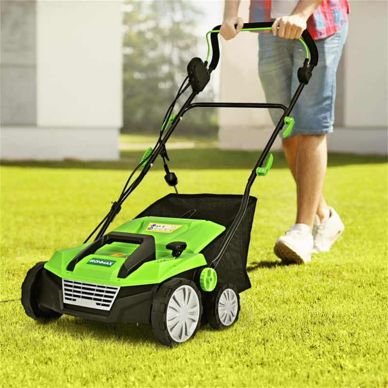13-AMP Corded Electric Scarifier & Dethatcher 15" Cutting Width with 50L Grass Collection Bag - 49'' x 23'' x 34''
