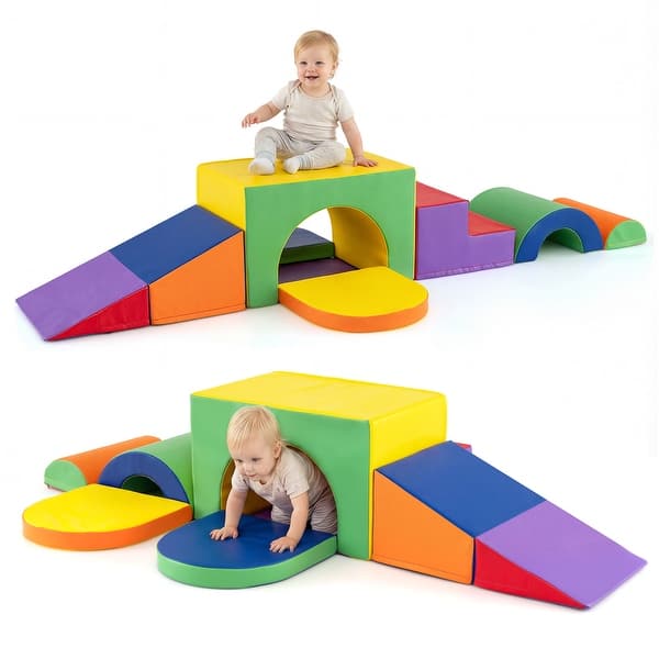 slide 2 of 10, Gymax 7PCS Soft Foam Climbing Blocks Set w/Slide & Tunnel Waterproof & Multi - Kids