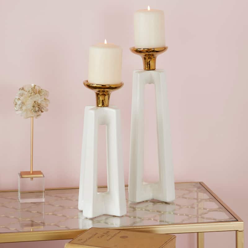 Ceramic Candle Holder - Set of 2 White - CosmoLiving by Cosmopolitan - 5"W x 5"L x 14"H