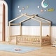 preview thumbnail 1 of 7, Natural Twin Size Wood House Bed Frame with Roof and Fence, for Kids, Teens, Girls, Boys Twin - Natural