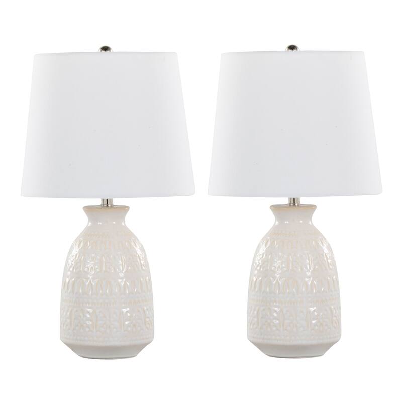 Porch & Den Claudia 20" Ceramic Table Lamp with Patterned Base & Linen Shade (Set of 2) - 20 - Off-White Ceramic/White Shade