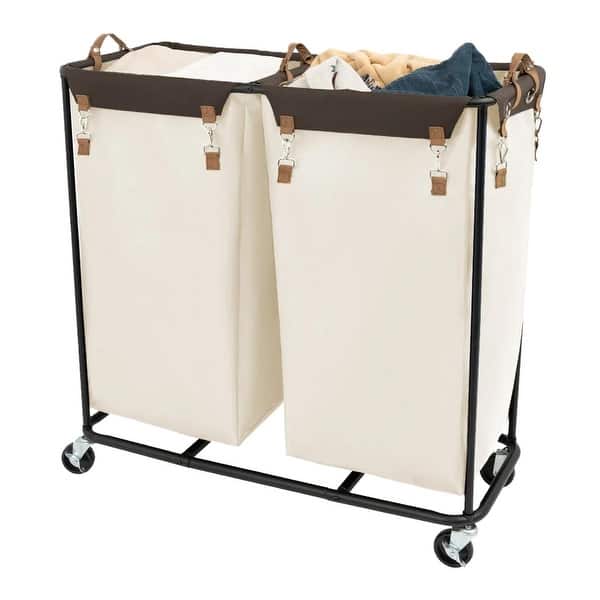 390L Extra Large Laundry Hamper with Wheels, 2 Sections Laundry Basket, Clothes Sorter Cart with Divider for Hotel, Home - White