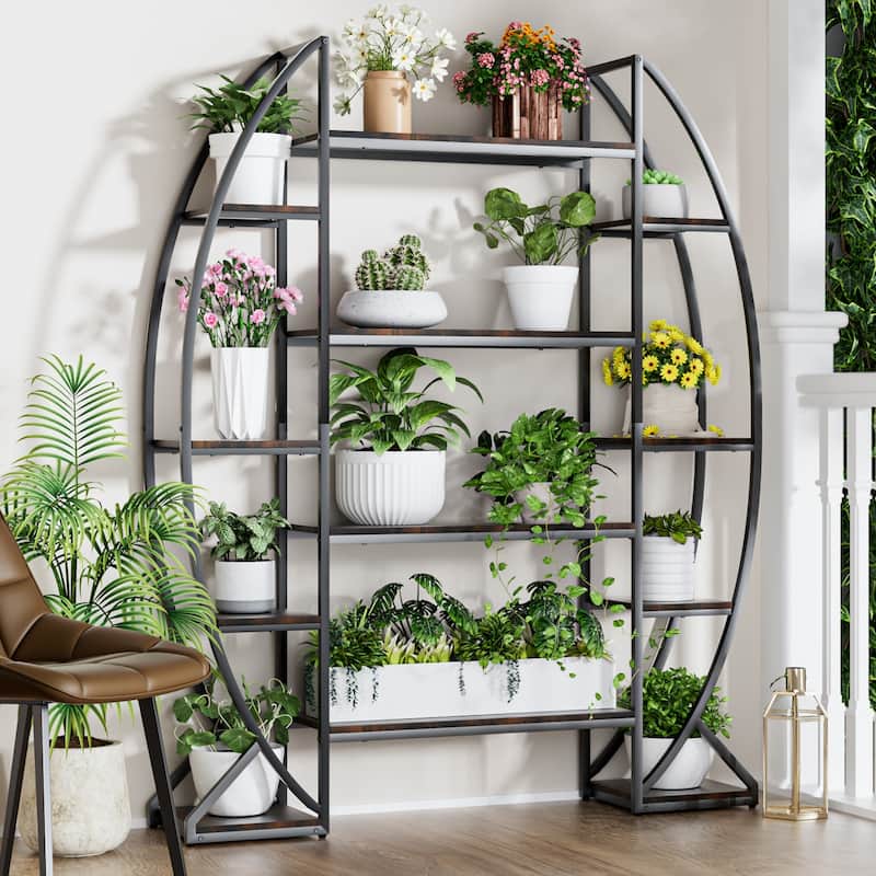 Large Tall Metal Plant Stand Half-Moon Shape Storage Wood Shelves Heavy Duty