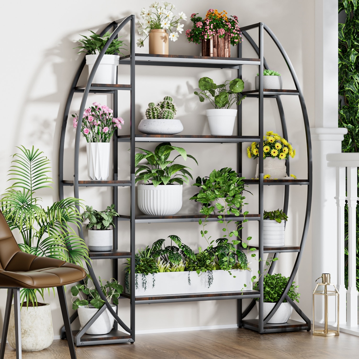 Large Tall Metal Plant Stand Half-Moon Shape Storage Wood Shelves Heavy Duty