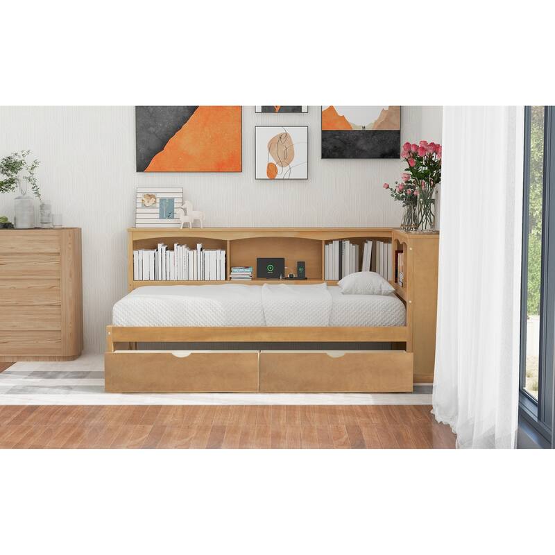 Wood Twin Daybed with 2 Storage Drawers, Cabinets, and USB Ports