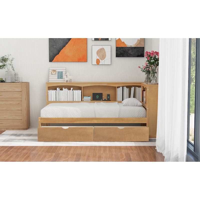 Wood Twin Size Daybed with Two Storage Drawers, Storage Cabinets and USB Ports