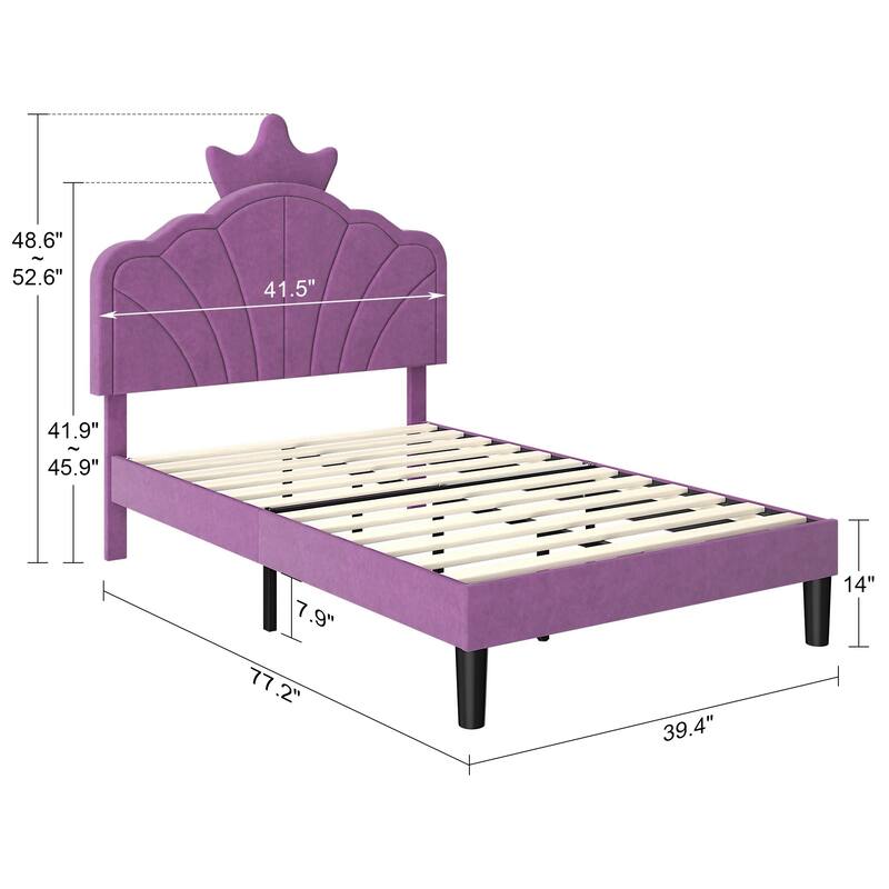 Javlergo 2-Piece Purple Twin Bed Frame for Kids Wavy Headboard with Crown Design Adjustable Height No Box Spring Required