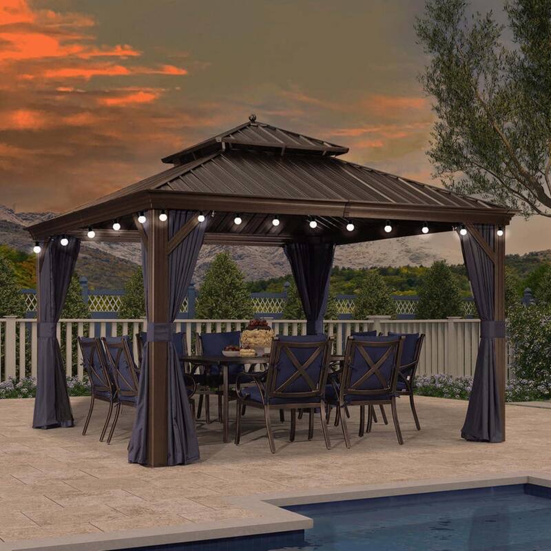 PURPLE LEAF Hardtop Aluminum Gazebo with Curtains and Netting, Double Roof Patio Gazebo - 12' x 12' - With Lights
