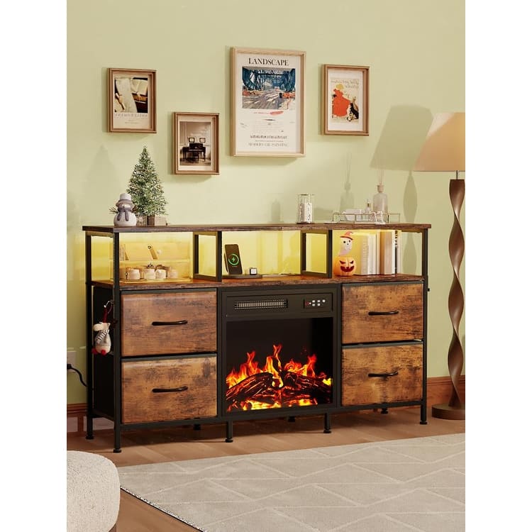 BOSSIN Fireplace TV Stand & Entertainment Center with LED Lights, 4 PU Leather Drawers, Open Shelves, and Built-in Power Outlets