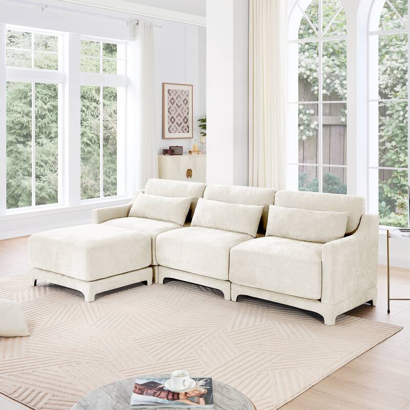 105.9" Chenille 3-Seater Sofa with 2 Ottomans & High-Resilience Sponge Base - Beige