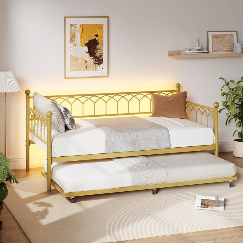 Heavy Duty Daybed, Twin Size Platform Sofa Bed Frame Set with Charging Station - Gold