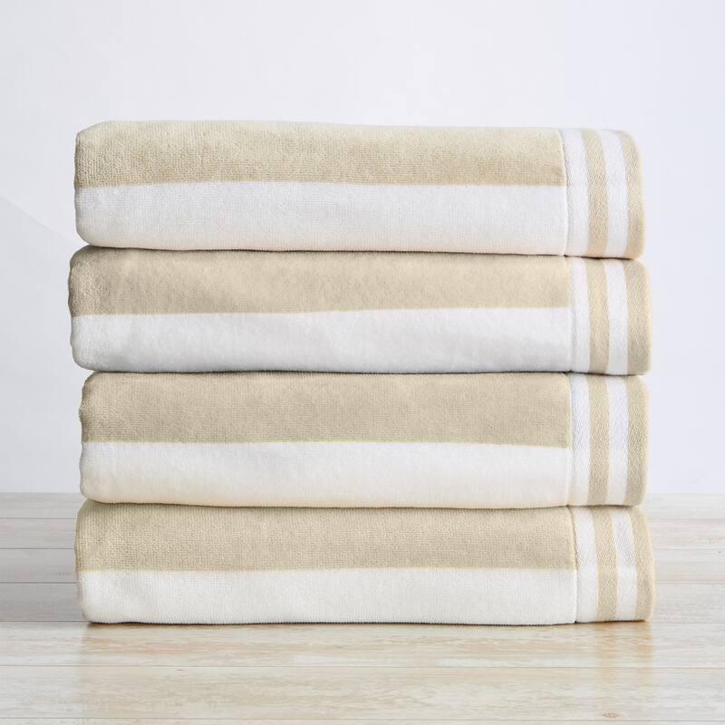 Linery & Co. 100% Cotton Velour Cabana Stripe Oversized Beach Towel. - 4 Pack- 35" x 70" - Linen