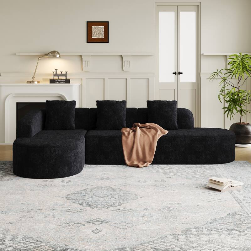 Curved Modular Sofa with Chaise Lounge, Full Compression Upholstered Boneless Sofa, Corner 3 Seater Sofa with 3 Pillows