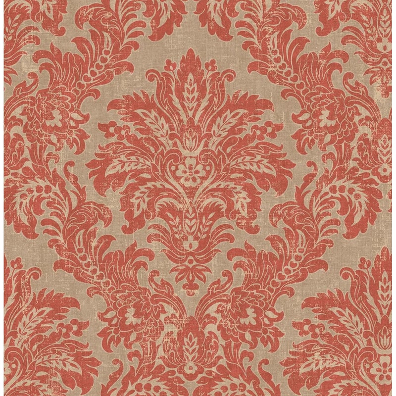 Seabrook Designs Sultana Damask Unpasted Wallpaper - 20.5 in. W x 33 ft. L - Metallic Mocha & Red