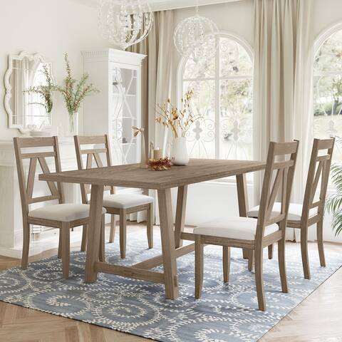 Rustic 5-Piece Large Wood Dining Table Set with 70" Table and 4 Upholstered Dining Chairs