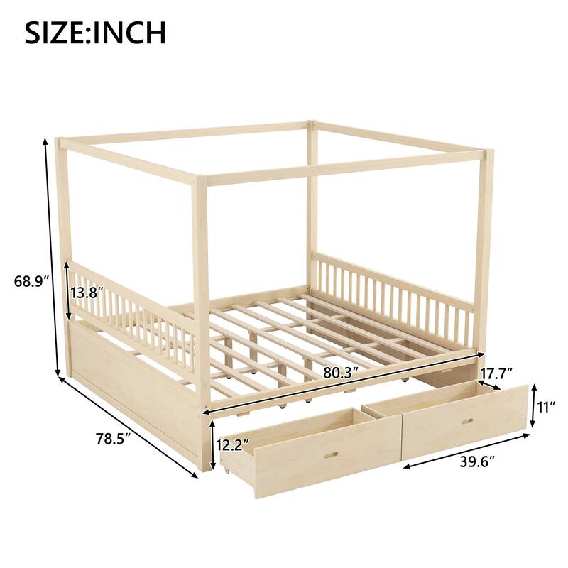 Wooden Canopy Bed with Storage Drawers, Low-Profile Four Poster Platform Bed with Wood Slat Support, No Box Spring Needed