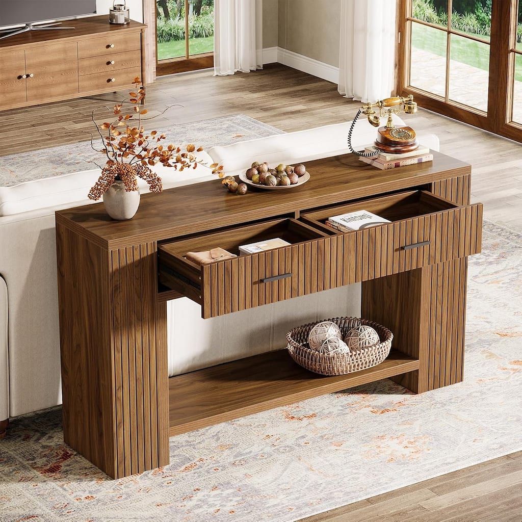 59" Console Table with 2 Drawers, Farmhouse Entryway Table for Hallway, Living Room, Foyer, Walnut Brown
