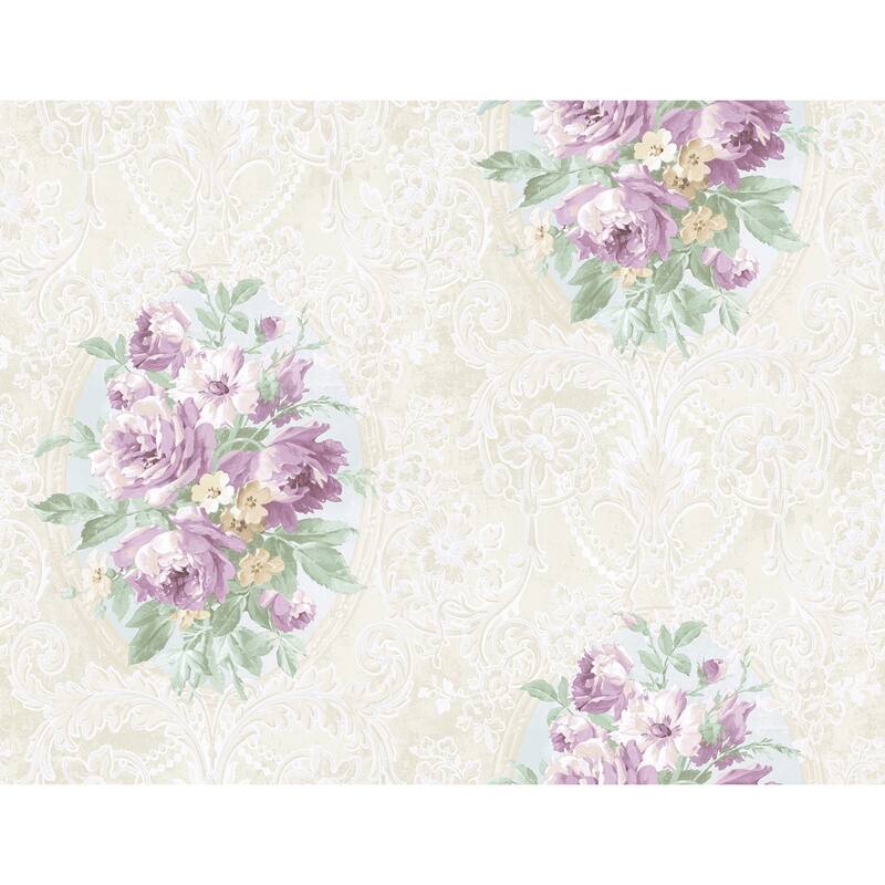 Seabrook Designs Vivienne Floral Cameo Unpasted Wallpaper - 27 in. W x 27 ft. L - Metallic Alabaster & Grape