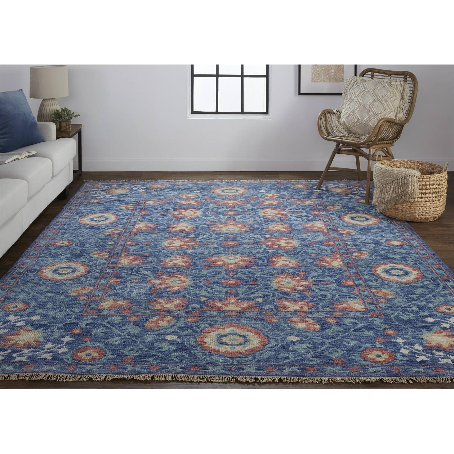 4' X 6' Blue And Red Wool Floral Hand Knotted Stain Resistant Area Rug