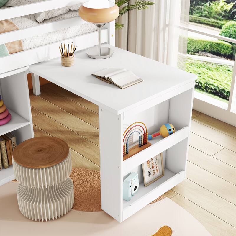 Twin Loft Bed with Pull-Out Desk, Storage Cabinets & Drawer Shelves, Solid Rubber Wood, Safety Guardrail & Ladder