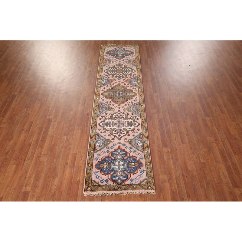 Pink Geometric Kazak Oriental Runner Rug Hand-Knotted Wool Carpet - 2'6"x 9'11"