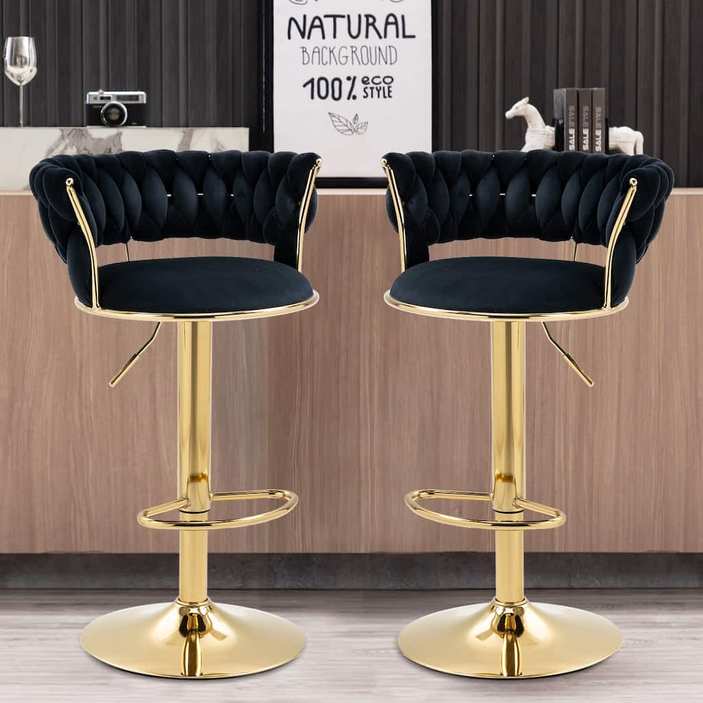 HOMEFUN Velvet Adjustable Height Swivel Armless Bar Stools With Golden Footrest(set of 2)