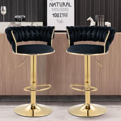Toweling Fabric Adjustable Height Armless Bar Stools With Golden Footrest(set of 2)