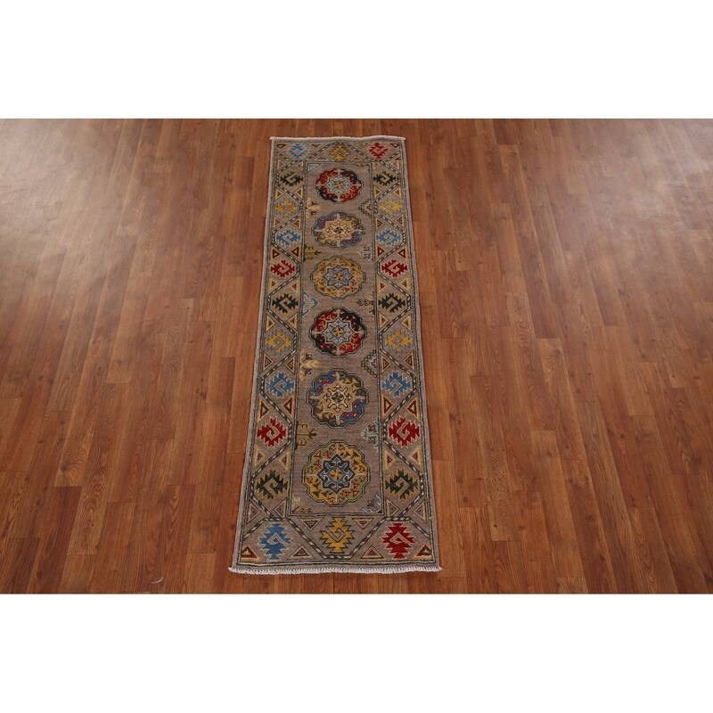 Geometric Brown Kazak Oriental Runner Rug Hand-Knotted Wool Carpet - 1'11" x 5'11"