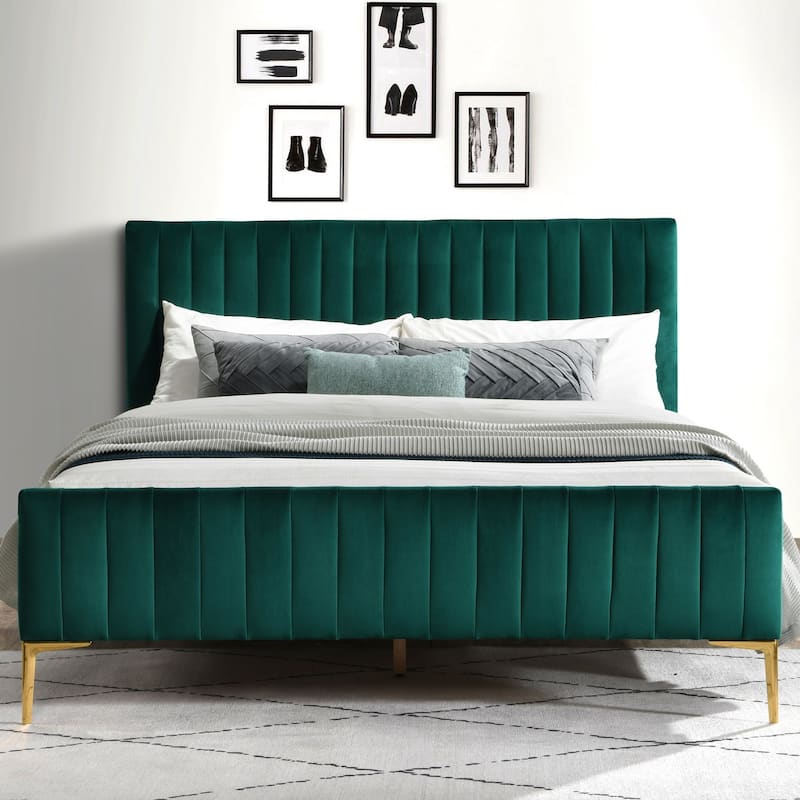 Omax Decor Julia Upholstered Platform Bed with Channel Tufted Headboard and Gold Legs - Green Velvet - Queen
