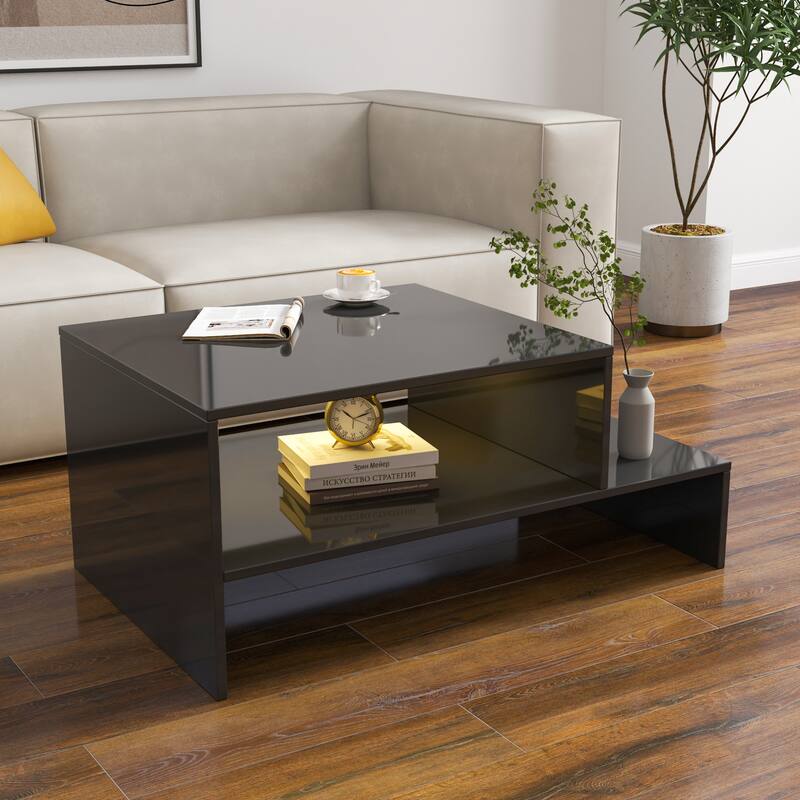 Double Layer Coffee Table for Living Room with Open Storage, Open Display Center Table, Gloss Home Snack Table