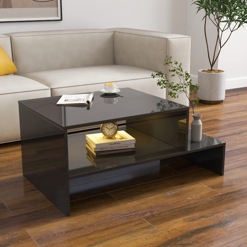 Roomfitters Modern Coffee Table with Open Storage Shelf, Unique Architectural Design Living Room Center Table - Black