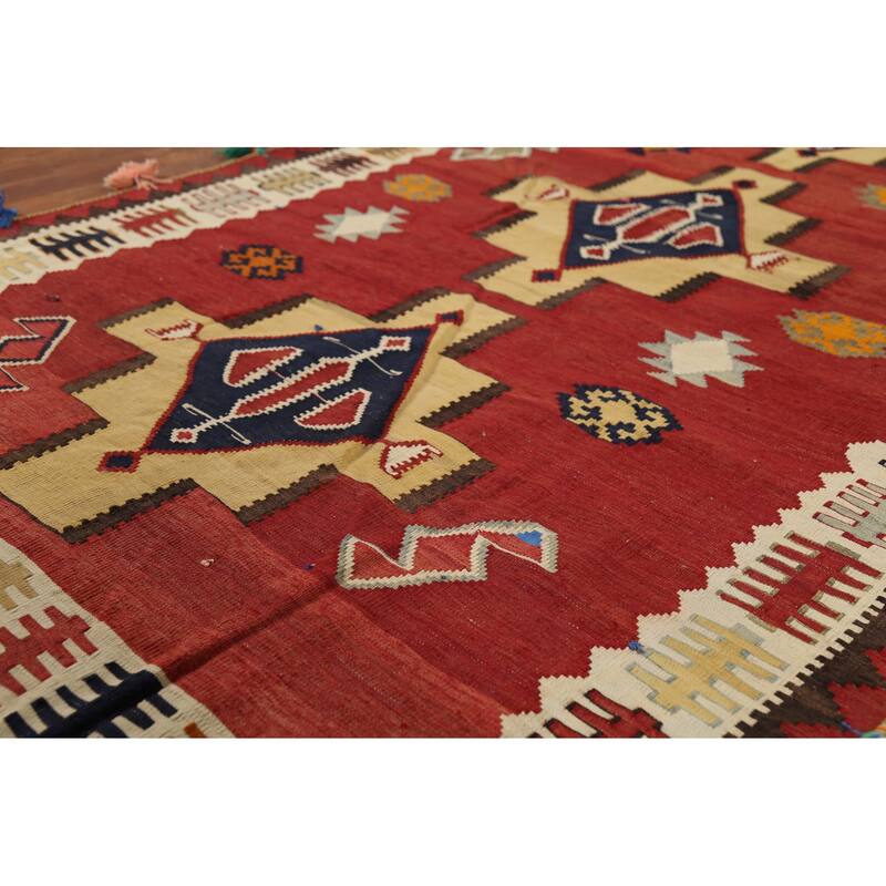 Red Kilim Qashqai Persian Vintage Rug Hand-Knotted Wool Carpet - 4'3"x 7'2"
