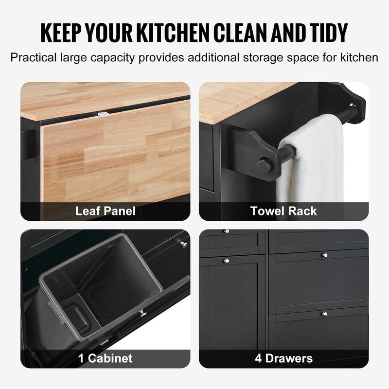 Black Kitchen Island Cart Serving Cabinet with 4 Storage Drawer 4 Multi-Functional Hooks - 50x29x37 inch