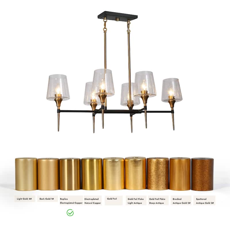 Mid-Century Modern 6-Light Black Gold Linear Chandelier Glass Island Lights for Dining Room