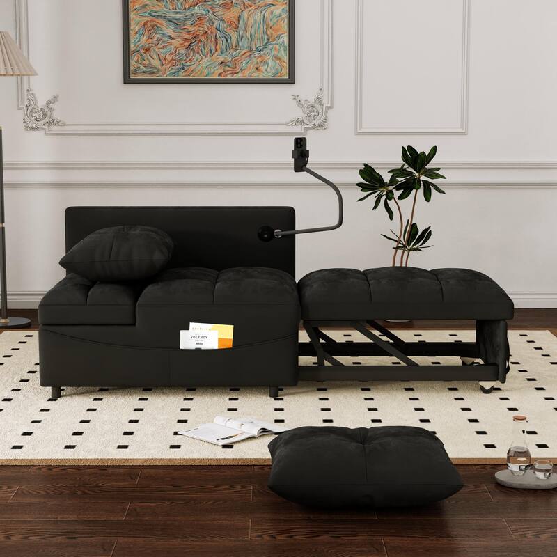 Velvet Pull-Out Bed Loveseat Sofa, Adjustable Back Tufted Futon Sofa with USB port and swivel Phone Stand, Pockets