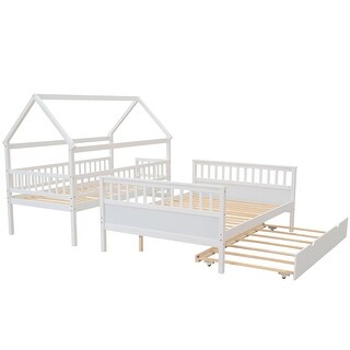 White Twin over Full Size House Bunk Bed with Storage Staircase and ...