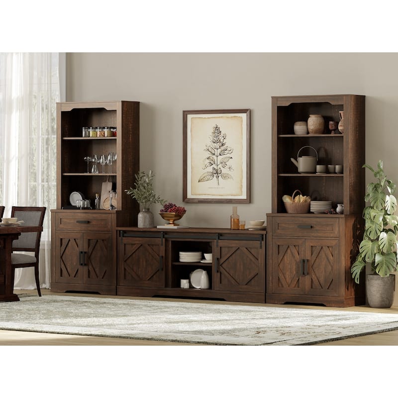 Modern Farmhouse TV Stand with Bookcase for 65" 75" TV with Barn Door for Living Room, Bedroom & Home Office