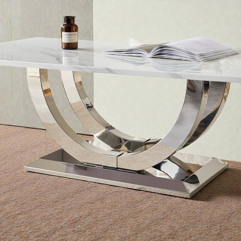 50.4 Inch Modern Rectangular Coffee Table with Marble Pattern MDF Top and Silver Stainless Steel Base