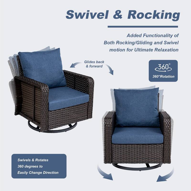3 Pieces Outdoor Swivel Rocker Chairs, 360 Degree, Thickened Cushions & Glass Coffee Table