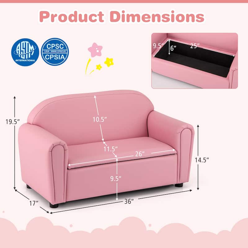 Kid-Sized Lightweight Pink Sofa with Storage Compartment for Playroom or Bedroom - 35" x 16" x 19.5" (L x W x H)