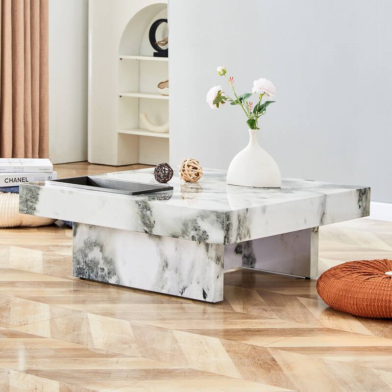 A modern and practical coffee table made of MDF material with black patterns. The fusion of elegance and natural fashion