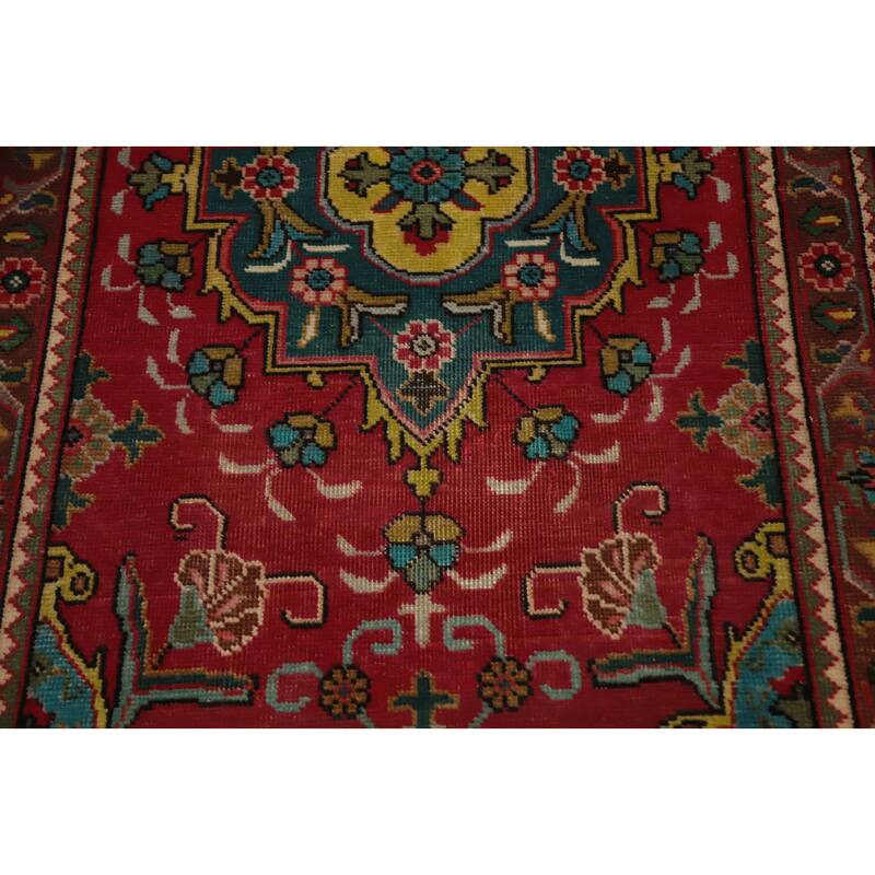 Hand Knotted Oriental 100% Wool Carpet Traditional Floral Red Tabriz Runner Rug - 13' 4'' X 2' 10''