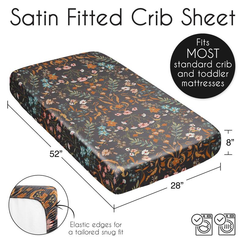 Sweet Jojo Designs Black Boho Wildflower Vintage Floral Girl Satin Fitted Crib Sheet Orange Botanical Leaf Bohemian Farmhouse