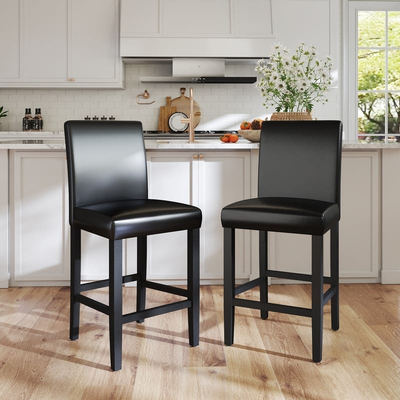 24 Inches Counter Height Bar Stools with Back Set of 2 - Black Faux Leather-2-piece