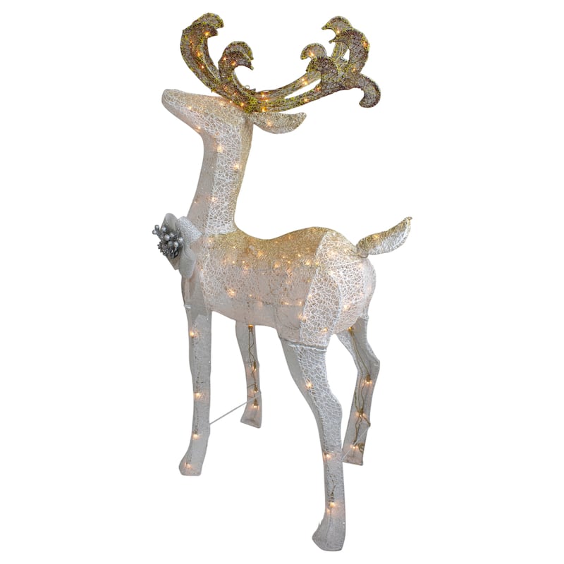 48" White and Gold Lighted Standing Buck Outdoor Christmas Decor