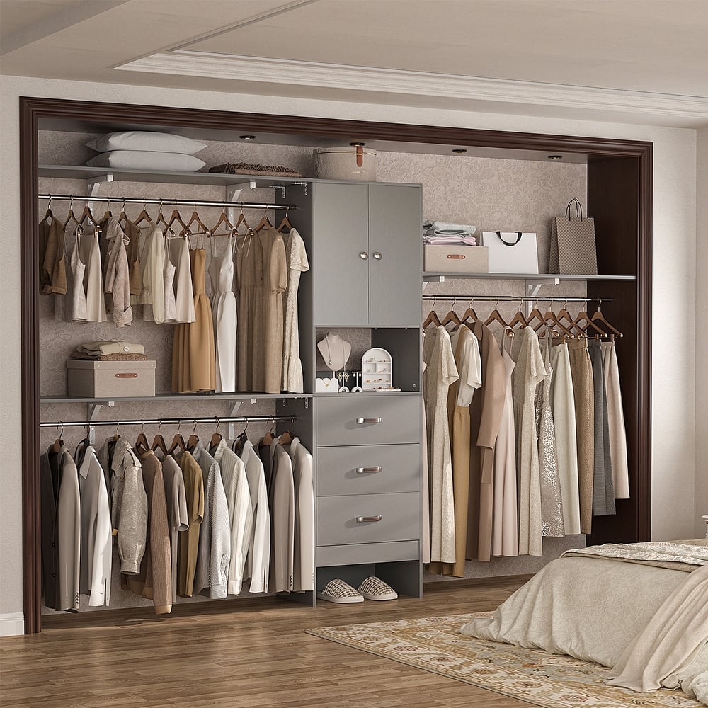 Rackcog 20.3'' - 120'' Large Closet Organizer with Doors, Closet System with Drawers and Hanging Rods (can be cut to fit)