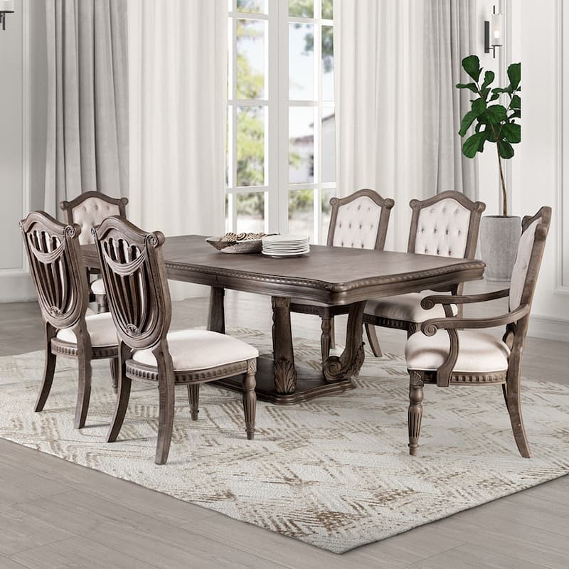 Furniture of America Cassian Traditional 7-Piece Weathered Oak Solid Wood Expandable Dining Table Set - Weathered Oak