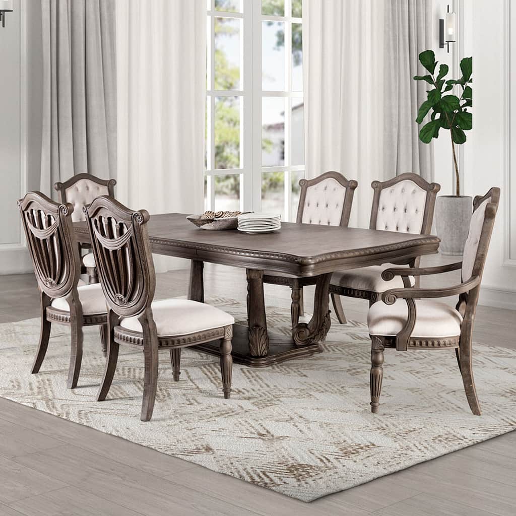 Furniture of America Cassian Traditional 7-Piece Weathered Oak Solid Wood Expandable Dining Table Set