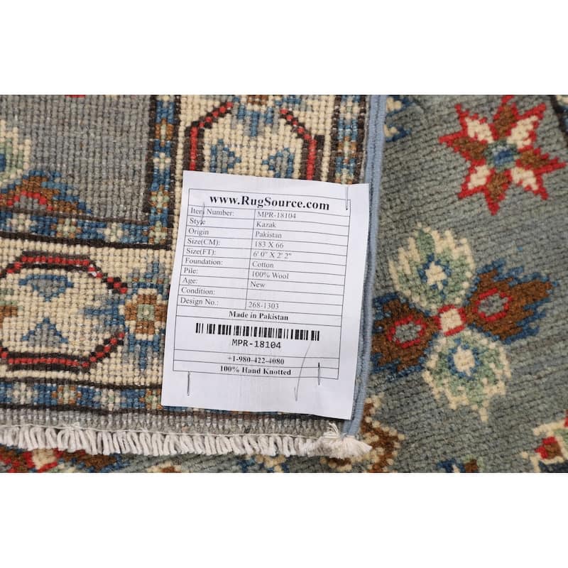 Gray Geometric Kazak Oriental Runner Rug Hand-Knotted Wool Carpet - 2'2" x 6'0"