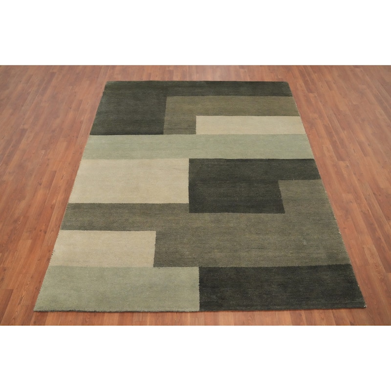 Hand Knotted Oriental 100% Wool Carpet Modern Geometric Green Gabbeh Area Rug - 7' 11'' X 6' 5''